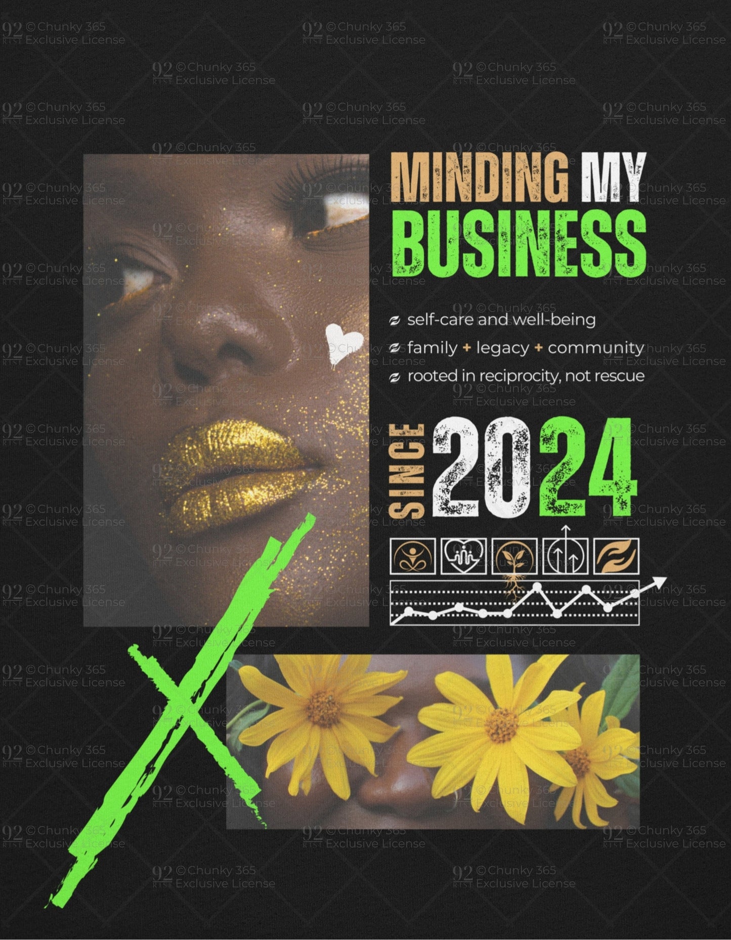 T-shirt design for 'Minding My Business' with a woman's face, flowers, and text on a black background.