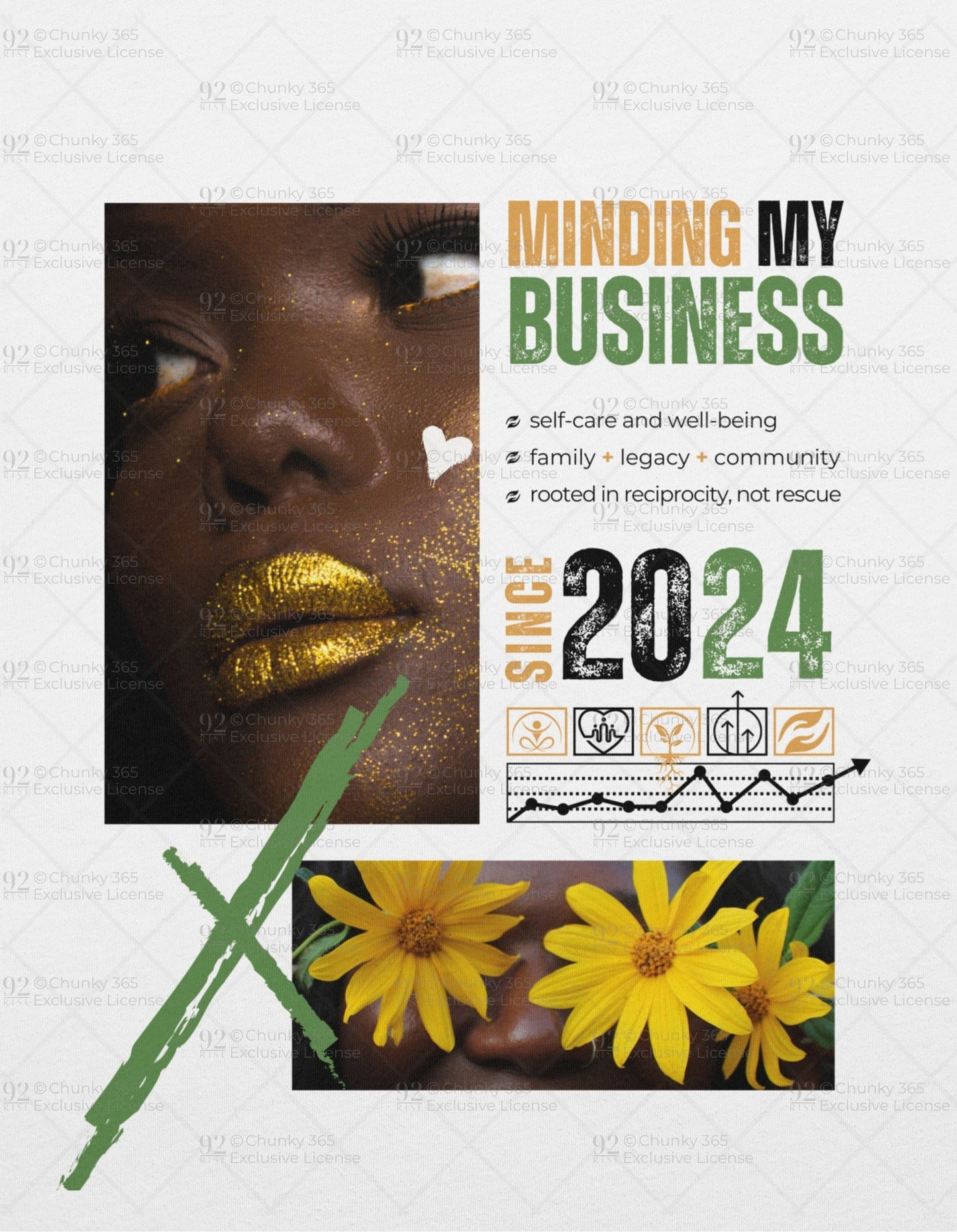 T-shirt design of 'Minding My Business' with a woman's face, flowers, and text on a light gray background.